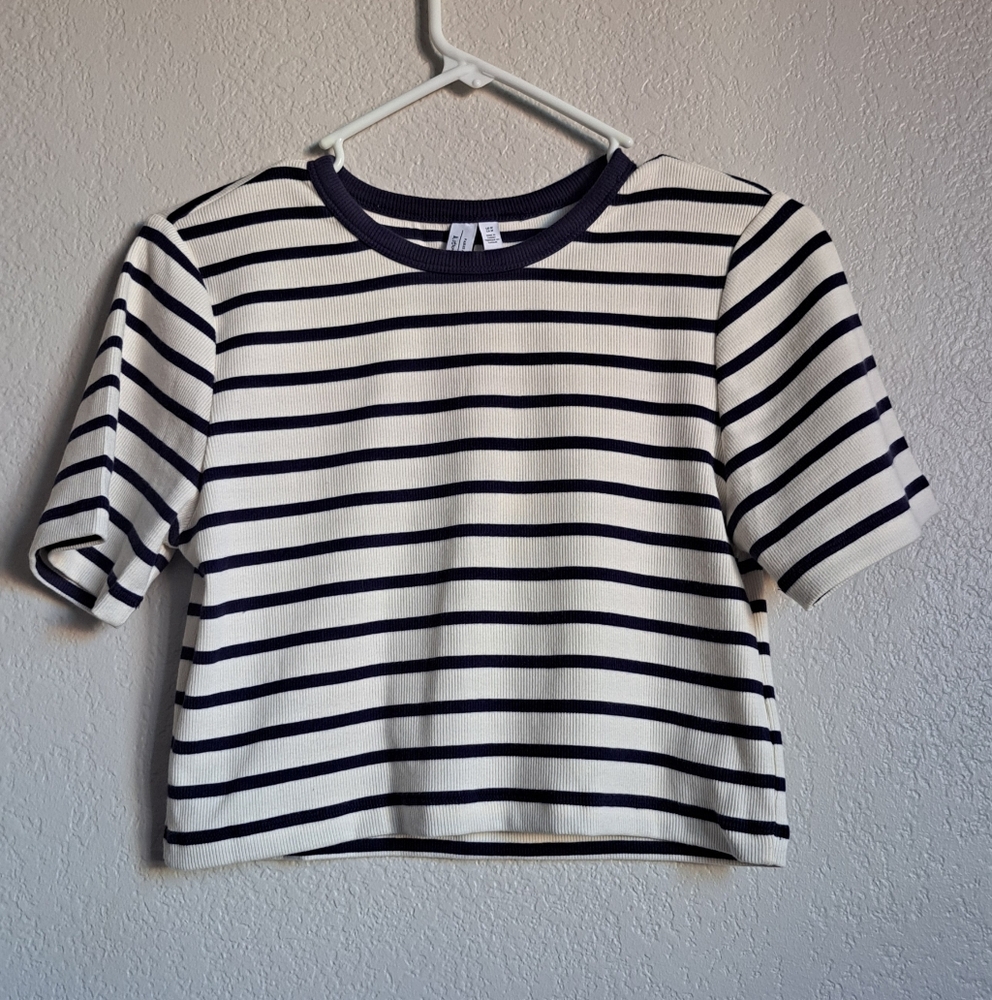 & Other Stories Paris Atelier White Blue Striped Cropped Tee Size Medium